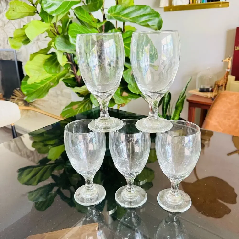 VINTAGE Clear Water Wine Heavy Thick Glass Goblet Stem Drink Ware Glasses Set 5